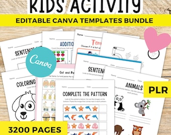 3200+ Kids Activity Bundle Canva Template Editable PLR Worksheets, Learning Activities, Crafts, Games, Coloring Pages, mrr digital products