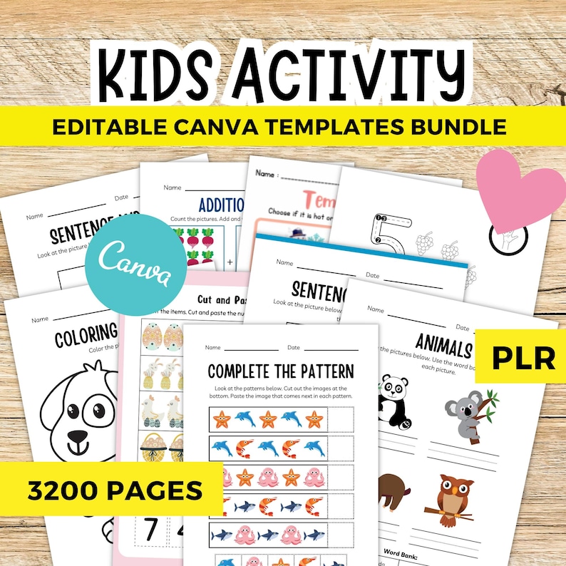 Kids activity bundle 3200 pages printable Canva templates, PLR worksheets, learning activities, crafts, coloring sheets, educational printables