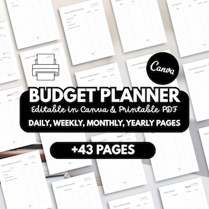 Può includere: Una raccolta di pagine per la pianificazione del budget bianche con testo e linee a griglia nere. Il testo recita BUDGET PLANNER, Editable in Canva & Printable PDF, DAILY, WEEKLY, MONTHLY, YEARLY PAGES e +43 PAGES.