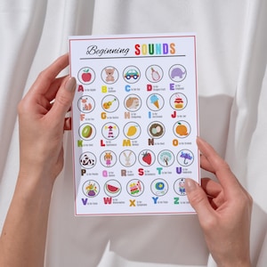May include: A colorful educational poster titled "Beginning Sounds" featuring the alphabet with corresponding images. Each letter has a picture and a word, such as "A is for Apple." The poster is held by hands against a white background.