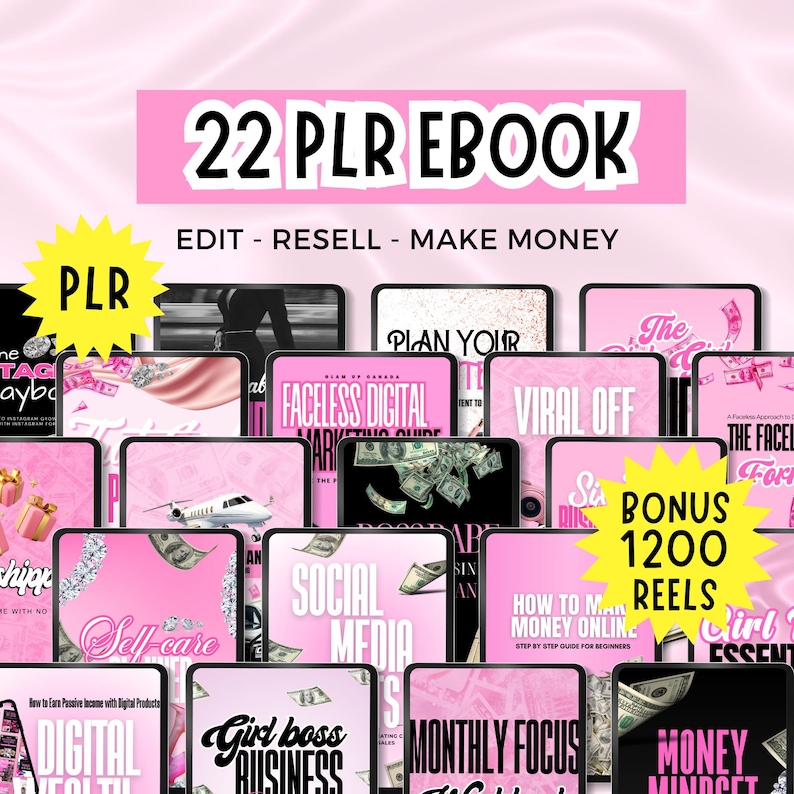 May include: A promotional image featuring 22 PLR eBooks with titles like "Faceless Digital Marketing Guide" and "How to Make Money Online." The image has a pink theme with money and digital product graphics.