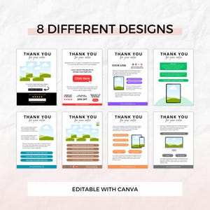 Pu&ograve; includere: Otto design diversi per un modello di pagina di ringraziamento per i negozi Etsy. I modelli presentano una variet&agrave; di colori e design, tra cui una scena di paesaggio, un telefono e uno schermo di computer. Il testo "Grazie per il tuo ordine" &egrave; presente su ogni modello. Il testo "Modificabile con Canva" &egrave; incluso.