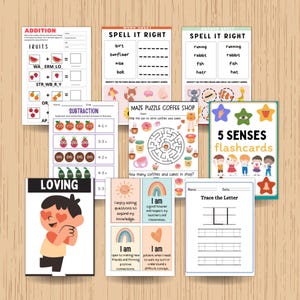 May include: A collection of educational worksheets and flashcards for children. Includes addition, subtraction, and spelling exercises, a maze, and flashcards about the five senses. The word "LOVING" is also visible.