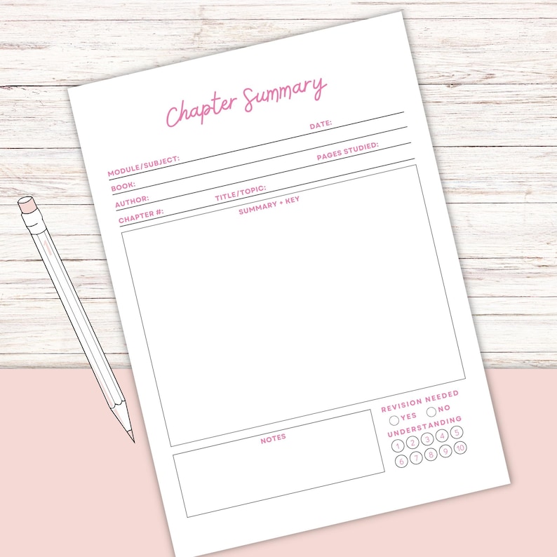 Peut inclure: Une feuille blanche de &laquo;&nbsp;Chapter Summary&nbsp;&raquo; avec du texte rose et un crayon. La feuille comprend des champs pour le module, le livre, l'auteur, le chapitre, le titre, la date et les pages &eacute;tudi&eacute;es. Une section pour les notes et la r&eacute;vision est &eacute;galement pr&eacute;sente.