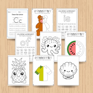 May include: A collection of children's educational worksheets. The worksheets include tracing letters, coloring activities, and symmetry exercises. The pages feature illustrations of a teddy bear, octopus, watermelon, pineapple, and seashell.