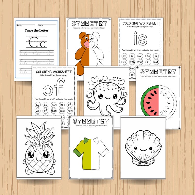May include: A collection of children's educational worksheets. The worksheets include tracing letters, coloring activities, and symmetry exercises. The pages feature illustrations of a teddy bear, octopus, watermelon, pineapple, and seashell.