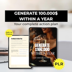 Generate 100,000 in a Year Complete Action Plan, Digital Marketing Success workbook canva, digital product for passive income with MRR and PLR image 1