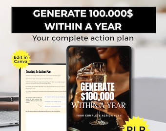 Generate 100,000 in a Year Complete Action Plan, Digital Marketing Success workbook canva, digital product for passive income with MRR and PLR