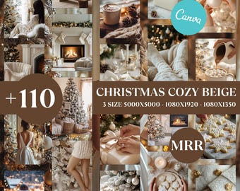 Christmas Cozy Beige gold Aesthetic Bundle 117 images Canva Templates,Neutral Holiday Social Media Kit , PLR MRR Resell Rights