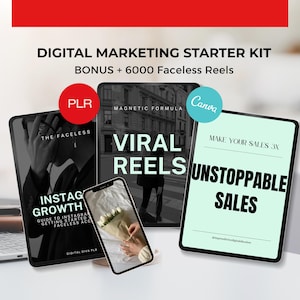 Peut inclure: Kit de démarrage de marketing numérique avec le texte "DIGITAL MARKETING STARTER KIT BONUS + 6000 Faceless Reels". L'image comprend un téléphone et des tablettes avec le texte "INSTAG GROWTH", "VIRAL REELS" et "UNSTOPPABLE SALES".