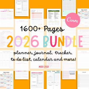 Könnte beinhalten: Eine Sammlung druckbarer Planerseiten mit dem Text "1600+ Pages 2026 BUNDLE" in bunten Buchstaben. Die Seiten umfassen To-Do-Listen, Tracker und Kalender, alles auf gelbem Hintergrund.