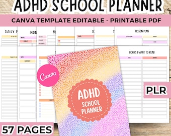 Planificador escolar imprimible para TDAH, planificador para estudiantes con TDAH, plantilla de planificador de Canva, planificador PLR para TDAH, planificador diario para TDAH