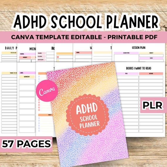 ADHD School planner printable, planner student adhd, Canva planner template, adhd planner PLR, adhd daily planner