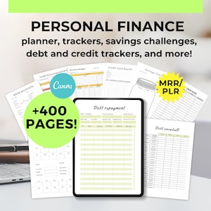 Budget planner PLR finances bundle Canva template, personal finances budget, expenses tracker, Savings trackers, Bill, debts snowball MRR
