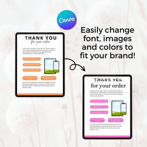 Pu&ograve; includere: Un modello di biglietto di ringraziamento per il download digitale con uno schema di colori rosa e verde. Il modello include una casella di testo con le parole "Grazie per il tuo ordine" e una sezione per elencare i nomi dei file digitali. Il modello &egrave; personalizzabile con diversi caratteri, immagini e colori.