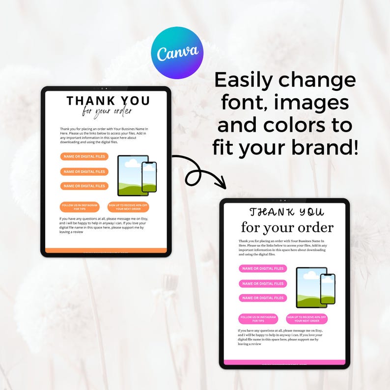 Pu&ograve; includere: Un modello di biglietto di ringraziamento per il download digitale con uno schema di colori rosa e verde. Il modello include una casella di testo con le parole "Grazie per il tuo ordine" e una sezione per elencare i nomi dei file digitali. Il modello &egrave; personalizzabile con diversi caratteri, immagini e colori.