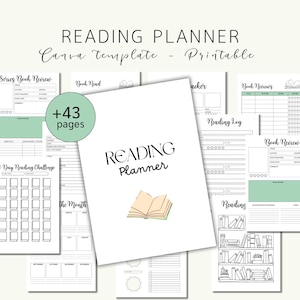 May include: A reading planner Canva template printable set featuring 43 pages of book review forms, reading logs, and challenges. The white pages include black text, line grids, star ratings, and a central illustration of an open book.