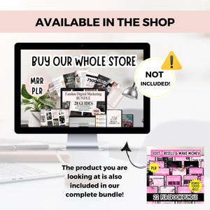 Op de afbeelding: Een computermonitor toont een "Faceless Digital Marketing Bundle" met 28 gidsen. De tekst op het scherm luidt "Buy Our Whole Store". Een afzonderlijke bundel wordt getoond met de tekst "22 PLR Ebook Bundle". De afbeelding bevat de tekst "Available in the Shop".