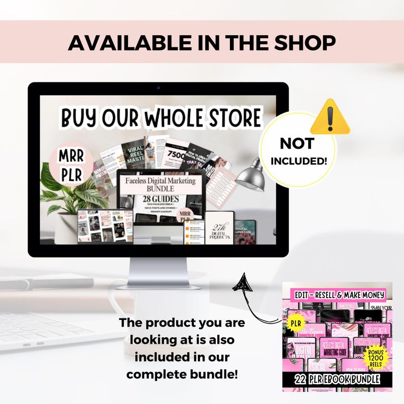 Op de afbeelding: Een computermonitor toont een "Faceless Digital Marketing Bundle" met 28 gidsen. De tekst op het scherm luidt "Buy Our Whole Store". Een afzonderlijke bundel wordt getoond met de tekst "22 PLR Ebook Bundle". De afbeelding bevat de tekst "Available in the Shop".