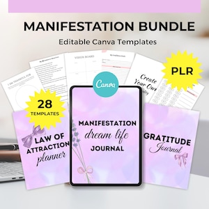 Manifestation Mental health Bundle 28 Editable Canva Planner Templates Gratitude Journal, Self Love, Canva Planner PLR MRR