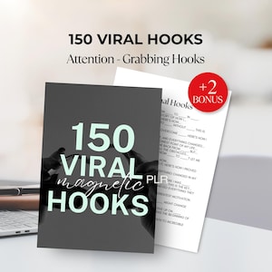 Può includere: Una copertina di libro con il testo "150 VIRAL magnetic HOOKS" in bianco e uno sfondo grigio scuro. Le parole "150 VIRAL HOOKS" e "Attention - Grabbing Hooks" sono in alto. Un adesivo bonus è nell'angolo in alto a destra.