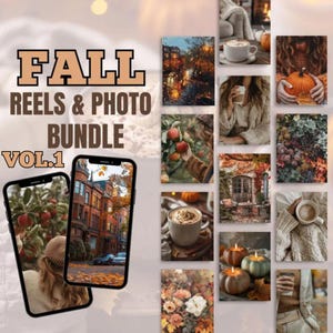 Può includere: Un collage di immagini a tema autunnale, tra cui una strada cittadina, una tazza di caffè, una zucca, un mazzo di fiori e una porta color autunnale. Il testo "FALL REELS & PHOTO BUNDLE VOL.1" è visualizzato sull'immagine.