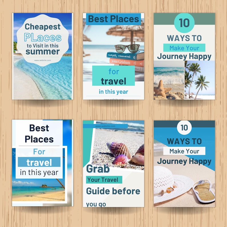 May include: A collection of six travel-themed promotional cards. The cards feature beach scenes, seashells, and text such as "Cheapest Places," "Best Places," and "10 Ways to Make Your Journey Happy." The cards are on a light brown wooden surface.