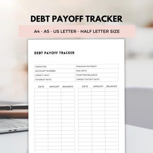 Debt payoff tracker printable A4-A5-US letter -half letter, debt payoff, Debt Payment Tracker Printable, debt snowball, budget planner pdf