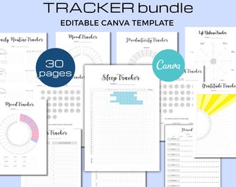 May include: A set of printable tracker templates, including a sleep tracker, mood tracker, and productivity tracker. The bundle contains 30 pages and is an editable Canva template. The design is minimalist with black text on a white background.
