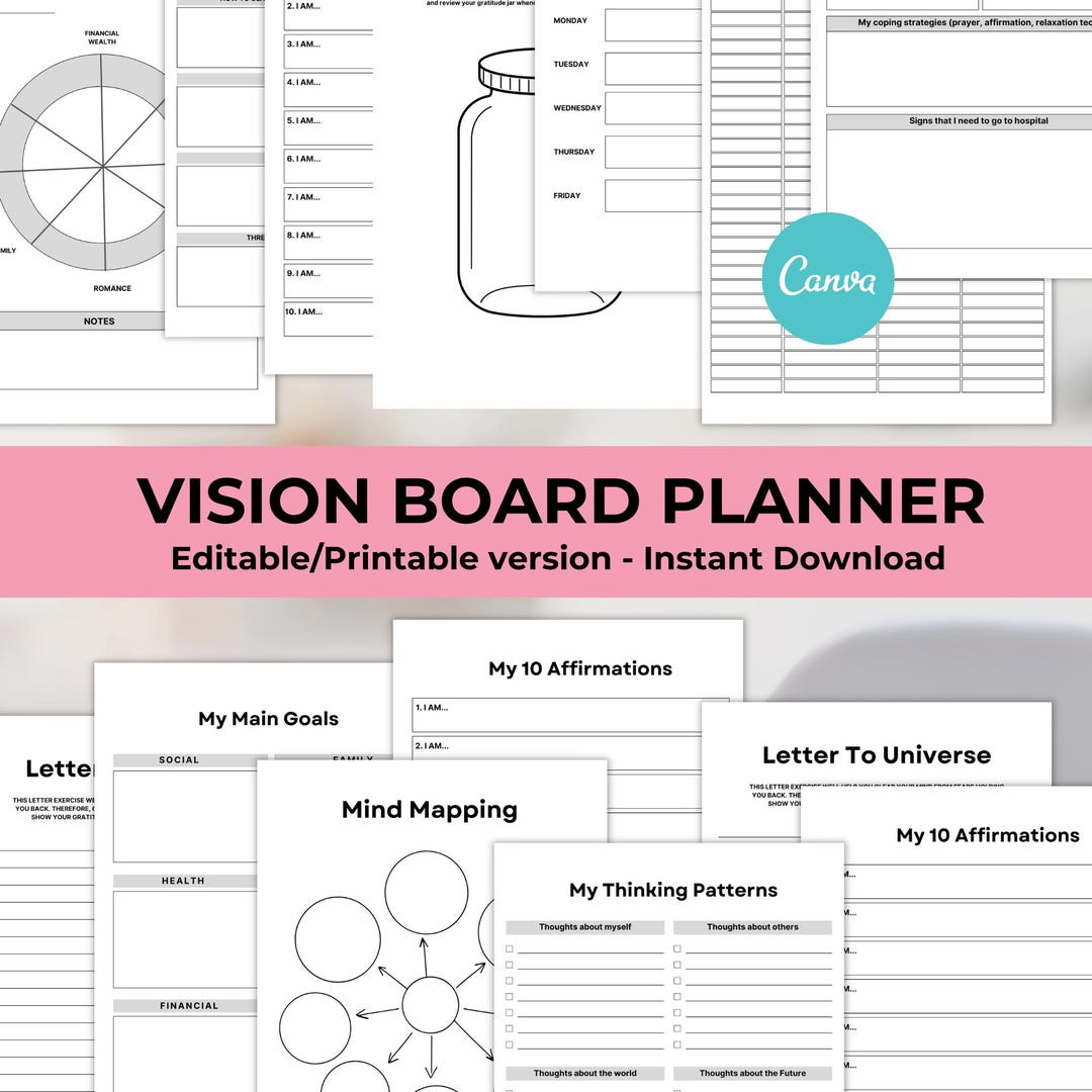 Vision Board Planner Printable, Vision Board Canva Template Editable ...