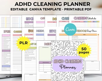 ADHD cleaning planner printable & editable canva template, Cleaning schedule, ADHD checklist Cleaning, Decluttering, Room by Room, PLR