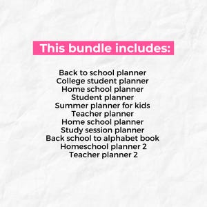 K&ouml;nnte beinhalten: Oben im Bild befindet sich ein pinkfarbenes Banner mit dem Text &bdquo;This bundle includes:&ldquo;. Darunter wird eine Liste von Planern angezeigt, darunter ein Planer f&uuml;r die Schule, ein Studentenplaner und ein Lehrerplaner.