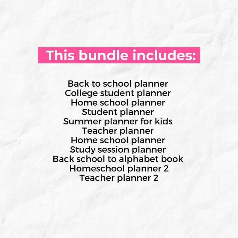 K&ouml;nnte beinhalten: Oben im Bild befindet sich ein pinkfarbenes Banner mit dem Text &bdquo;This bundle includes:&ldquo;. Darunter wird eine Liste von Planern angezeigt, darunter ein Planer f&uuml;r die Schule, ein Studentenplaner und ein Lehrerplaner.
