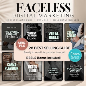 May include: A digital marketing bundle featuring eight guide covers titled The Digital Product Playbook, Content Creation Guide, Viral Reels, Story Selling Guide, Canva Playbook, TikTok Guide, Achieve Financial Freedom, and Social Media Content.
