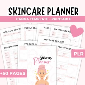 Può includere: Una raccolta di pagine stampabili per la pianificazione della cura della pelle con un design rosa e bianco. Il titolo "SKINCARE PLANNER" è in alto, con "CANVA TEMPLATE - PRINTABLE" sotto. Il planner include sezioni per la cura dei capelli e recensioni di prodotti.