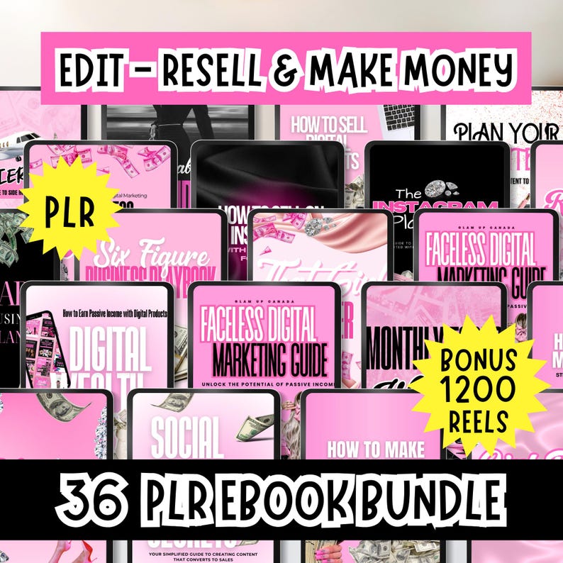 Op de afbeelding: Een verzameling roze digitale marketinggidsen en e-books, met de tekst "EDIT - RESELL & MAKE MONEY" en "36 PLREBOOK BUNDLE". De gidsen behandelen onderwerpen als Instagram en faceless digital marketing.