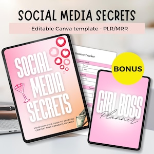 Può includere: Due tablet mostrano contenuti digitali. Un tablet mostra "SOCIAL MEDIA SECRETS" con una grafica di cocktail e il testo "YOUR SIMPLIFIED GUIDE TO CREATING CONTENT THAT CONVERTS TO SALES." L'altro tablet mostra "GIRL BOSS Planner." Un cerchio giallo dice "BONUS."