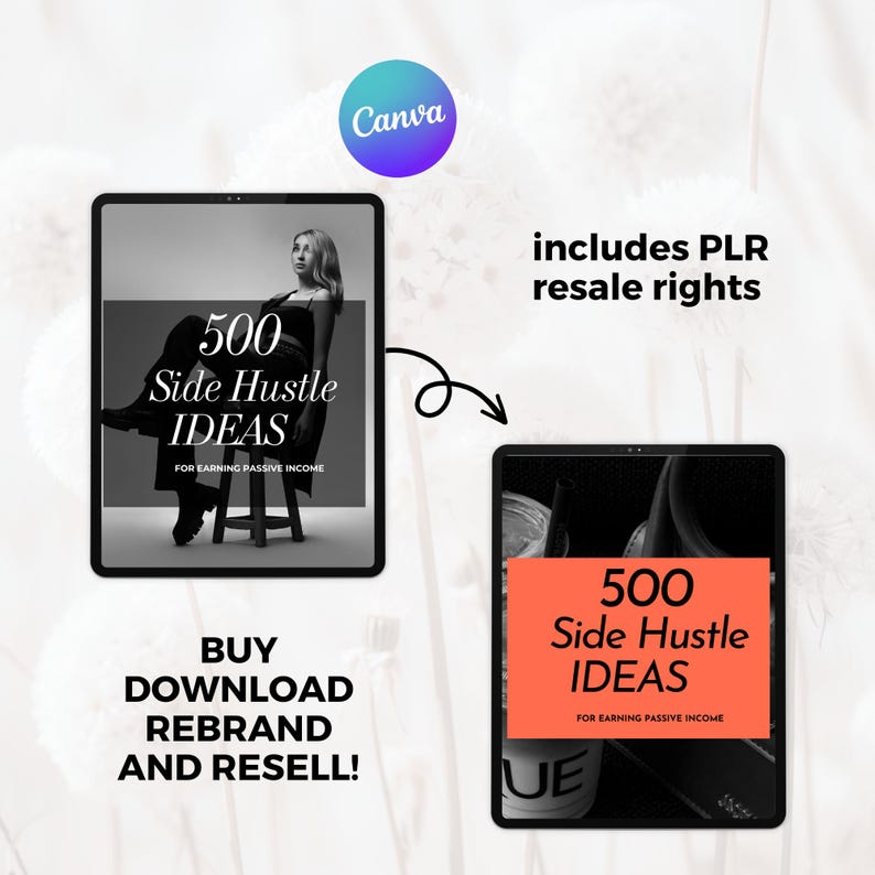 500 idéer för extrainkomst, e-bok, guide till passiv inkomst, Canva-mall, redigerbar PLR-återförsäljning bild 2