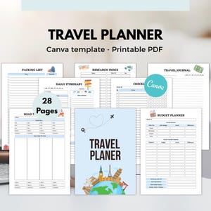 Editable Travel Planner canva Template, Trip Itinerary Planner, Vacation Planner, Travel Journal Printable, packing list, planner PLR