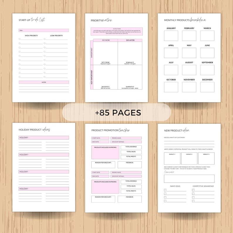 Pu&ograve; includere: Un set di sei pagine di pianificazione stampabili con dettagli rosa. Le pagine includono sezioni per elenchi di cose da fare, matrici di priorit&agrave;, ripartizioni mensili dei prodotti, idee per prodotti per le vacanze, monitoraggio delle promozioni dei prodotti e nuove idee di prodotti. Il testo "+85 PAGES" &egrave; visibile.