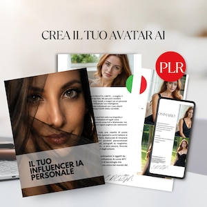 Può includere: Immagine con il volto di una donna parzialmente velato, con il testo "IL TUO INFLUENCER IA PERSONALE." Altre immagini includono uno schermo di telefono con la parola "OMMARIO" e un cerchio rosso con "PLR" sopra. Il testo "CREA IL TUO AVATAR AI" è in alto.