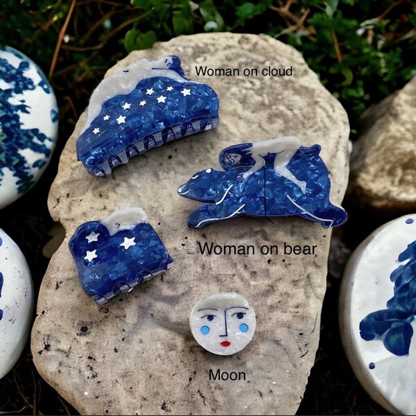 Blue White Acetate Hair Claw Clip Feminine Celestial Women Stars Bear Cloud Celestial Mermaid