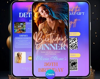 デジタル誕生日ディナー招待状、誕生日ディナー、デジタル誕生日パーティー招待状、編集可能なテンプレート、テキスト、誕生日パーティー、テキスト招待状