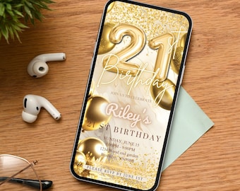 Digital Twenty One 21st Birthday Invitation Template 21th Electronic Birthday Invite Rose Gold Birthday Invitation, Editable Text Message