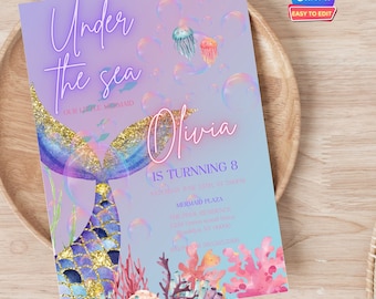 Editable Mermaid Birthday Invitation, Mermaid Under The Sea Birthday Party, Mermaid Invitation, Purple Mermaid Birthday, Instant Download