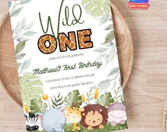 Invito di compleanno Safari, Invito per il 1° compleanno di Wild One, Inviti per animali della giungla, Invito elettronico per il 1° compleanno di Safari. Compleanno nella giungla