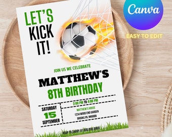 May include: A white and green soccer-themed birthday invitation with a soccer ball in a net on fire. The text reads "Let's Kick It!" and "Matthew's 8th Birthday". The invitation includes the date, time, and location of the party.