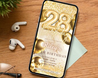 28th Birthday video invitation, editable animated invite, party digital invitation, Twenty Eight White Gold glitter invitation