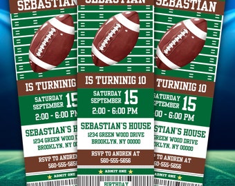 May include: A green and brown football ticket invitation for a birthday party. The ticket says "It's Game Time" and "Sebastian is turning 10". The party is on Saturday, September 15th from 2:00 to 6:00 PM at Sebastian's house. The address is 1234 Green Wood Drive, Brooklyn, NY 00000. RSVP to Andren at 560-555-5656.