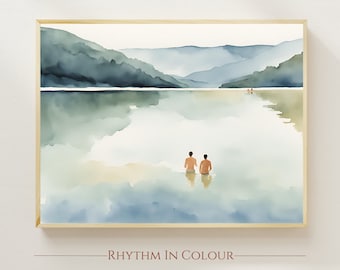 May include: A watercolour painting depicting two figures standing in a lake, with a mountain range in the background. The water is a light blue and the mountains are a soft green and blue. The painting has a minimalist style and a calming feel.
